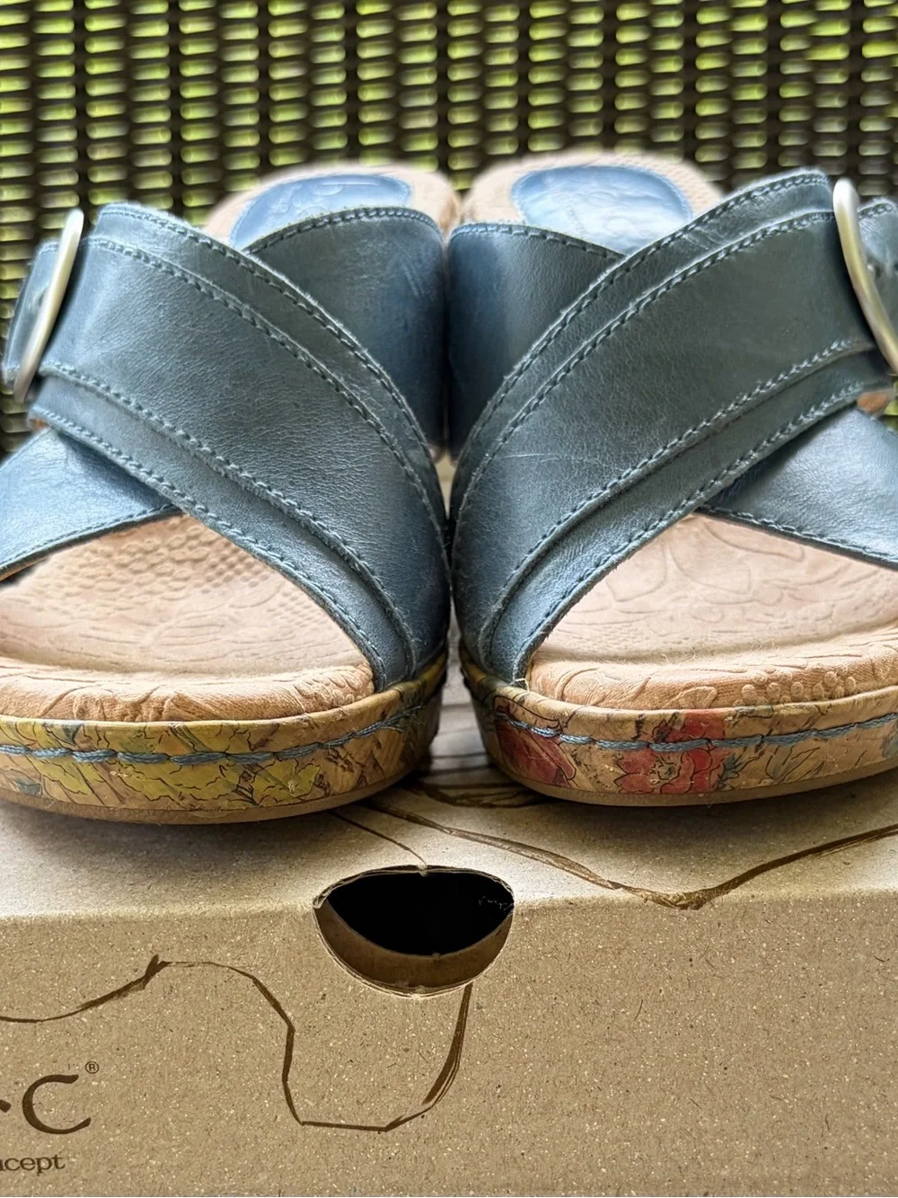 Born BOC Blue Leather Crisscross Slide Sandals for Women